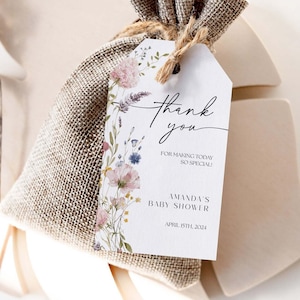 Étiquette de remerciement fleurs sauvages, étiquette de remerciement pour baby shower, étiquette de fleur de jardin rose, modèle modifiable PWFL