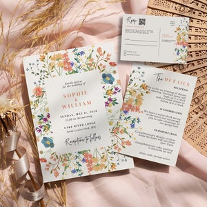 Lot de faire-part de mariage fleurs sauvages avec code QR, suite d'invitations de mariage, détails de Rsvp Garden Party, modèle CANVA modifiable WFL