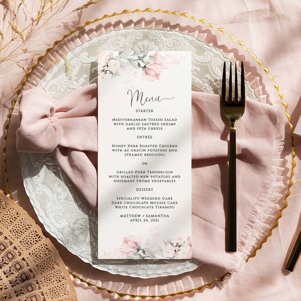 ROSA - modèle de menu de mariage, modèle de carte de menu rose blush, menu de mariage calligraphique, menu floral, carte de menu de mariage Templett