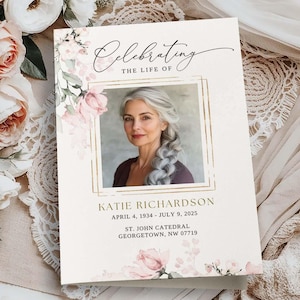 Funeral Program Pink Floral Celebration of Life Memorial Service Photo Template, Printable Canva Template #FNRL