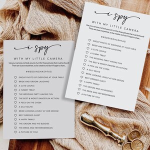 I Spy Wedding Game, afdrukbare kaart en bord, bewerkbare sjabloon, minimalistische fotojacht, hashtag, leuke spelletjes bruidsbruiloft, MM2