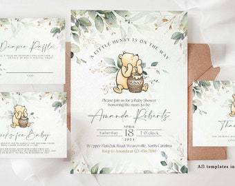 Winnie The Pooh Invitation Bundle, Gender Neutral Baby Shower Template, Greenery Editable Winnie Pooh Baby Shower Party, #WTPGG