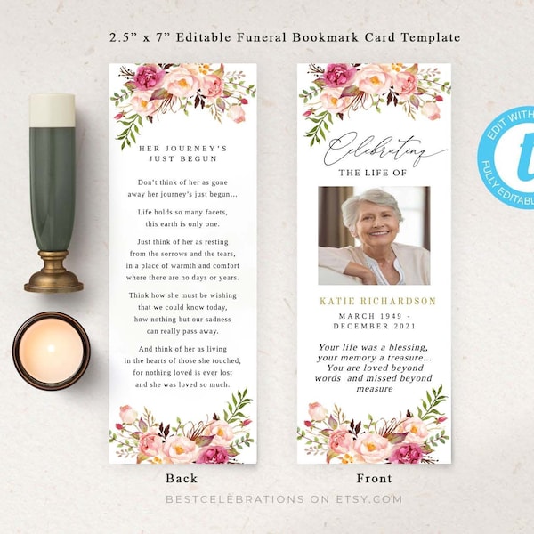 Editable Funeral Bookmark Template with Roses, Celebration of Life Bookmark, Funeral Keepsake Cards, Memorial Card for Remembrance  #FNRL