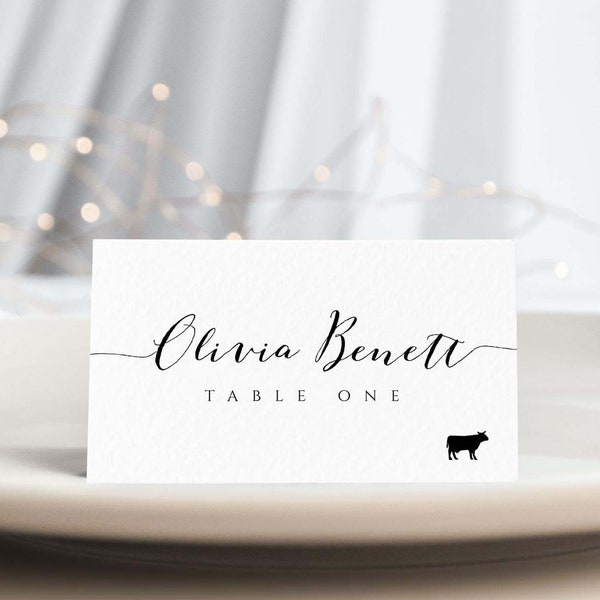 Place Card Template With Meal Icons, Editable Wedding Place Cards, Printable Escort Cards, Folded Place Cards Flat, Templett , BW1