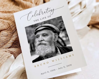 Minimalist Funeral Program with Photo, Foldable Celebration of Life Template, Memorial Order of Service, Tribute Booklet