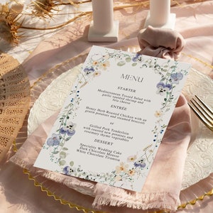 Plantilla de menú de flores silvestres, plantilla de menú de mesa de boda, menú de fiesta en el jardín, plantilla CANVA editable, PNY