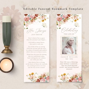 Modèle modifiable de marque-page funéraire - fleurs de jardin, marque-page célébration de la vie, cartes souvenirs funéraires, carte commémorative du souvenir #FNRL