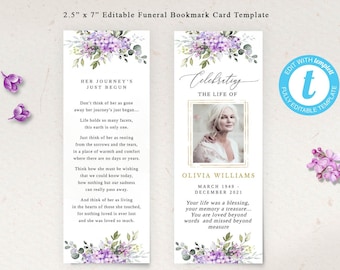 Lilac Funeral Bookmark Template: Editable Memorial Card (Digital Download)