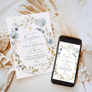 Invito per battesimo di ragazzo, battesimo di fiori selvatici, modello di prima comunione, invito di battesimo blu, invito digitale o stampabile, BWFL