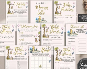 Conjunto de jogos para chá de bebê do Ursinho Pooh: modelo editável (download digital)