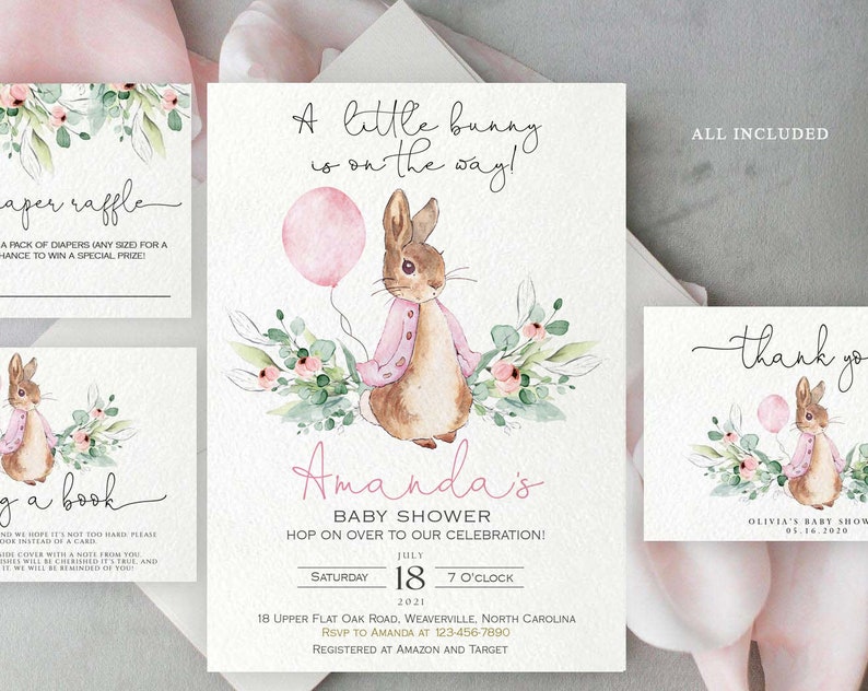 Pink Peter Rabbit Baby Shower Invitation Peter Rabbit Invitation Baby Shower Invitation Girls Themed Invitation Editable