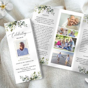Plantilla de programa funerario tríptico con vegetación Programa conmemorativo de eucalipto Plantillas editables de orden de servicio del servicio conmemorativo Canva