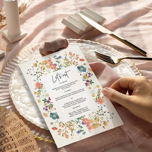 Modèle de carte de menu de mariage fleurs sauvages, carte de menu de Table de mariage, menu garden-party 5 x 7, modèle CANVA modifiable WFL