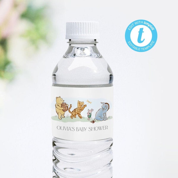 Classic Winnie The Pooh Water Bottle Label Template, Winnie The Pooh Baby Shower, Gender Neutral, Printable, Birthday Label, Templett , #CWG