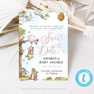 Tarjeta para guardar la fecha con Winnie the Pooh, invitación rosa con Winnie the Pooh, plantilla editable, #PWP