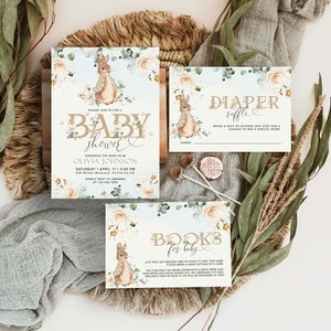 Peter Rabbit Baby Shower Bundle, Gender Neutral Invitation, Cute Spring Suite, Rabbit Inite with Brown Jacket #PR