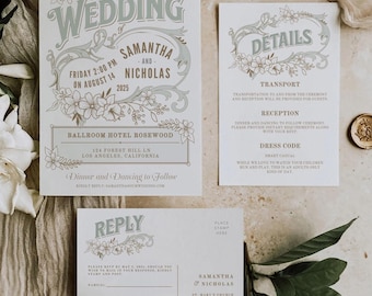 Elegant Floral Wedding Invitation Template: Classic Vintage Design (Canva Template)