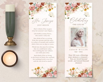 Editable Funeral Bookmark Template - Garden Flowers, Celebration of Life Bookmark, Funeral Keepsake Cards, Memorial Card Remembrance  #FNRL