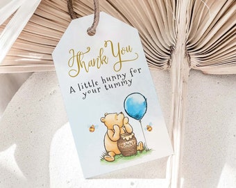 EDITABLE Winnie The Pooh Favor Tag, Pink Winnie Pooh Baby Shower, Winnie Pooh Thank You Label, Classic Pooh Baby Shower Thank You, #BWP