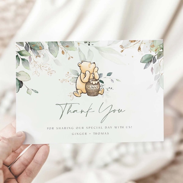 Winnie The Pooh Thank You Card, Greenery Gender Neutral Flat Thank You, Winnie Pooh Birthday, Pooh Baby Shower Thank You, Templett, #WTPGG