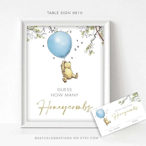 MODIFIABLE Enseigne et carte de jeu "Combien de nids d'abeilles", enseigne Winnie l'ourson classique, enseigne de table imprimable, décorations d'enseignes de fête, à imprimer, CB1