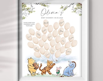 May include: A Winnie the Pooh themed baby shower fingerprint sign with a white background and a watercolor illustration of Winnie the Pooh, Tigger, and Piglet. The sign has a title that says "Olivia's Baby Shower" and a date of "04.05.2024". There are 30 blank circles for guests to place their fingerprints and sign their names.