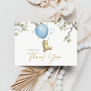 Carte de remerciement Winnie l'ourson, tente et plat de remerciement, ballon bleu Winnie l'ourson, remerciement classique pour baby shower l'ourson, Templett, # CB1