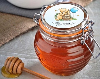 EDITABLE Winnie The Pooh Favor Tag, Winnie Pooh Baby Shower, Yummy For Your Tummy, Honey Favors, (30) 1.5 or (20) 2 in, Honey Stickers, DIY