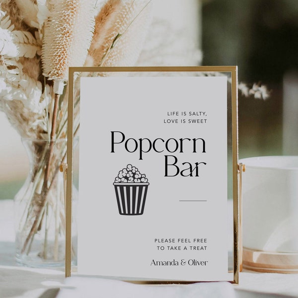 Minimalist Popcorn Bar Sign, Wedding Popcorn Table Sign, Editable Wedding Signage, TEMPLETT, Simple Editable Template, #MM2