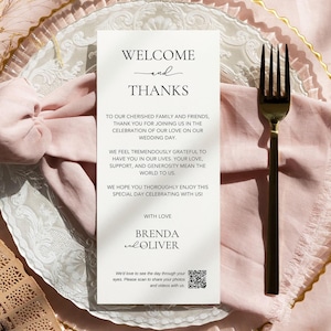 Carte de remerciement de mariage avec code QR, cartes de table de bienvenue et de remerciement, note de bienvenue à imprimer pour la réception