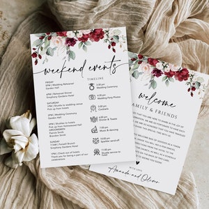 Wedding Welcome Bag Note & Timeline, Burgundy Wedding Weekend Timeline Printable, Wedding Order of Events Template, Itinerary, #BUR