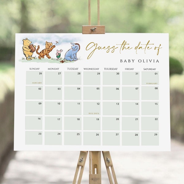 Classic Winnie The Pooh  Baby Due Date Calendar, Baby's Birth Date Game, Baby Shower Due Date Calendar Game, Gender Neutral #CWG