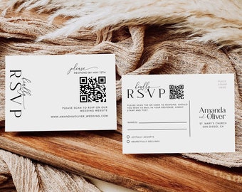 May include: A white RSVP card with a black and white QR code. The card has the text "Kindly RSVP" and "Please Respond by May 12th".