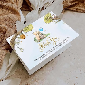 Winnie The Pooh Dankeskarte Pooh Babyparty Geburtstag Bearbeitbares Dankeschön Vorlage Classic Pooh Flache und faltbare Canva-Vorlagen #BWO
