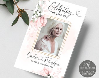 Editable Funeral Program Template, Floral Memorial Program, Blush Floral  Template, Celebration of Life, Printable Funeral Program #FNRL