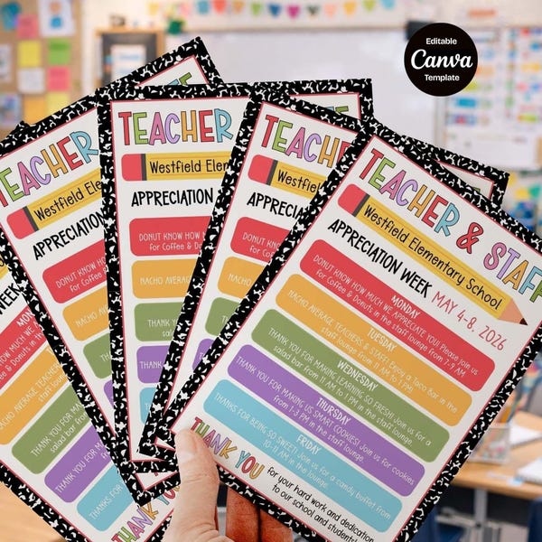 Teacher Appreciation Flyer Template, Printable Teacher & Staff Appreciation Sign, Editable Daily Schedule, Canva