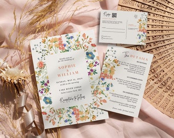 Wildflower Wedding Invitation Bundle with QR Code, Wedding Invite Suite, Garden Party Rsvp Details, Editable CANVA Template WFL