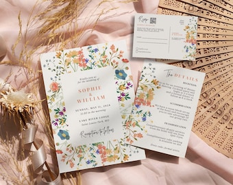 May include: A floral wedding invitation with a white background and colourful flowers. The invitation reads "Kindly join us for the wedding of Sophie & William, Sunday, May 11, 2024, 11:30 in the morning, Lake River Lodge, Saint Louis Park, MO, Reception to follow".