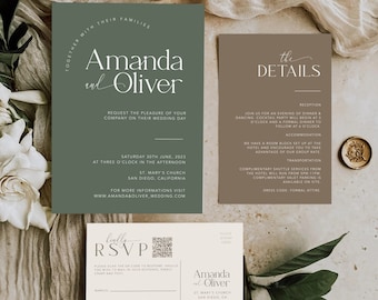 Minimal Wedding Invites with QR Code, Neutral Wedding Invite Suite, Modern Invite, Simple Editable Invite Template, #MM2