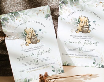 Winnie The Pooh Invitation, Editable Gender Neutral Baby Shower Template, Greenery Winnie Pooh Baby Shower Party, #WTPGG