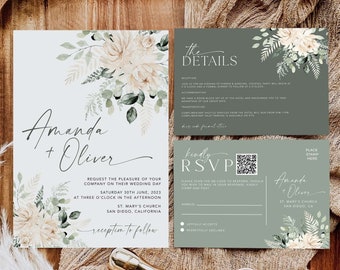 Sage Green Floral Wedding Invitation Set: Boho QR Code Canva Template