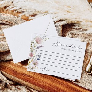 Plantilla de tarjeta de consejos para despedida de soltera, consejos sobre flores silvestres para la futura esposa, tarjeta de consejos y deseos editable con flores de jardín, Templett, PWFL