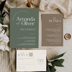 Modern Invite Minimal Wedding Invites with QR Code, Neutral Green and Brown Wedding Invite Suite,  Simple Editable Canva Template, #MM2