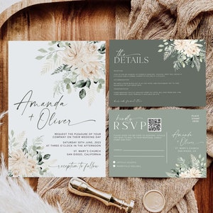 Boho Hochzeitseinladung Vorlagen Set mit QR Code, Salbei Grünes Blumeneinladungs Bundle, Bearbeitbares Einladen Set, Canva Vorlagen #SGreen