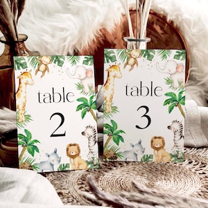 Plantilla de número de mesa de animales de safari, baby shower de jungla de género neutro, animal del zoológico, plantilla 100 % editable #WLDB