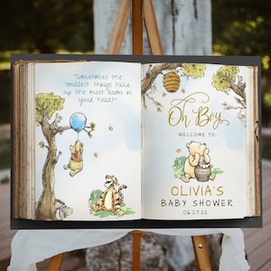 EDITIERBARE Winnie The Pooh Babyparty Willkommensschild, altes Buch Winnie Pooh Zeichen, Oh Boy Willkommensschild, digitale Datei Canva, #BWh