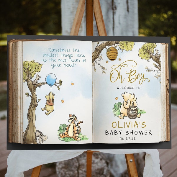 EDITIERBARE Winnie The Pooh Babyparty Willkommensschild, altes Buch Winnie Pooh Zeichen, Oh Boy Willkommensschild, digitale Datei Templett, #BWh