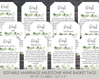 EDITABLE  Marriage Milestone Wine Basket Tags - A year of first - Wine Gift Basket Tags - Bridal Shower Gift - Wedding Gift - Wine Labels
