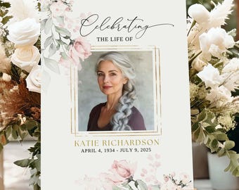 Funeral Welcome Sign Celebration of Life Poster Pink Floral Roses Memorial Sign Editable Printable Canva Template #FNRL