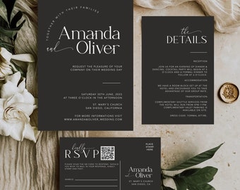 Black Minimal Wedding Invites , Minimalist Wedding Invite Suite with QR Code, Modern Invite, Simple Editable Invite Template, #MM2